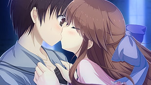 woman kissing man anime illustration with blue background
