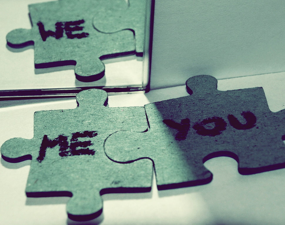 two gray jigsaw puzzles, typography, mirror, puzzles, reflection HD wallpaper