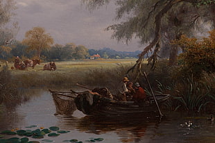 people in brown boat painting, painting, lily pads, boat, field