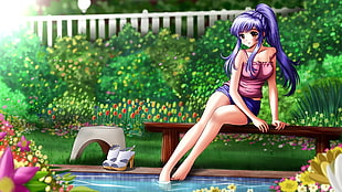 purple haired woman cartoon character sitting on wooden bench during daytime