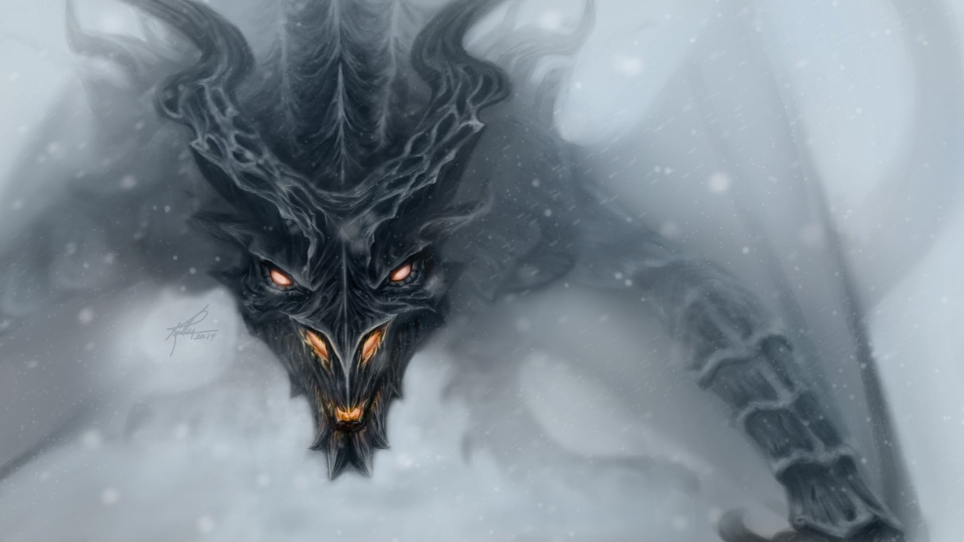 black dragon illustration, fantasy art, dragon, face, wings