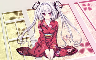 red dressed with white hair female anime character