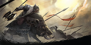 warrior riding a pig game graphic cover, fantasy art
