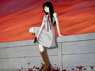 black haired female anime character sitting on concrete wall