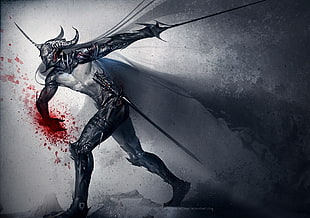 gray poster, knight, armor, blood, sword
