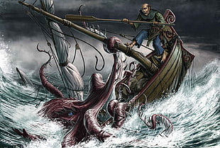 man riding on boat with octopus illustration, sea, old ship, fantasy art, creature HD wallpaper