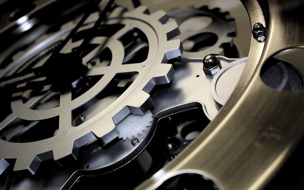 gold-colored and gray skeleton watch, clockwork HD wallpaper