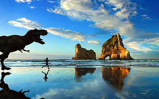 silhouette of dinosaur, Microsoft Windows, jogging, beach, dinosaurs