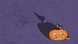 orange pumpkin with cat clip-art, Halloween, cat, artwork, pumpkin HD wallpaper