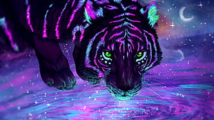 black, blue, and purple tiger painting