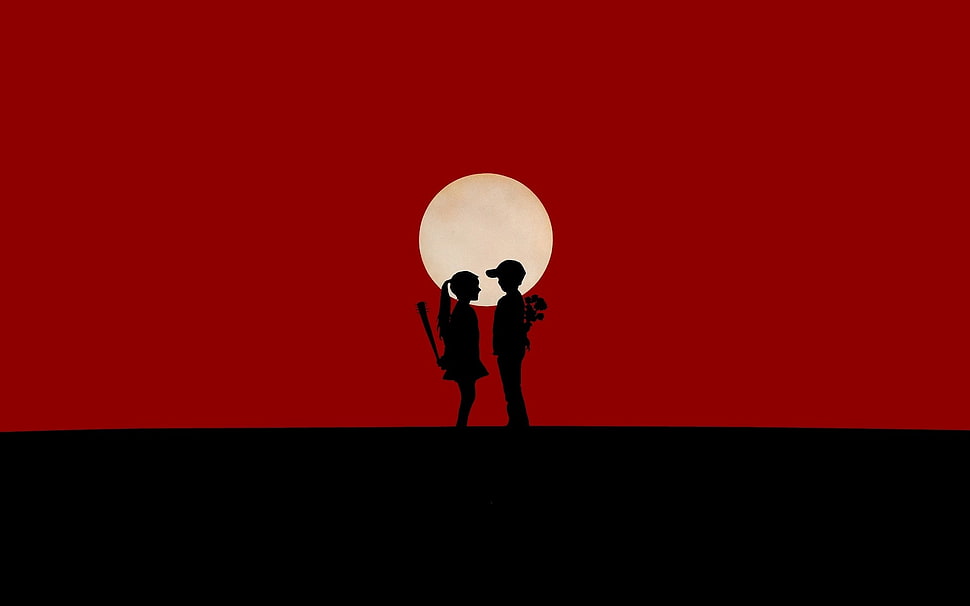 silhouette of boy and girl standing on moon HD wallpaper