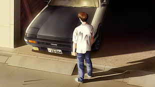 animated male character standing near car, anime, Initial D, Toyota Corolla AE86, Toyota AE86 HD wallpaper