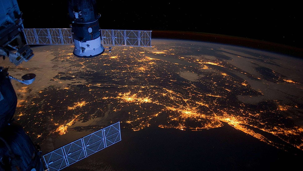 space satellite, space, planet, Earth, lights HD wallpaper