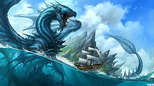 painting of blue dragon and galleon ship near mountains during daytime