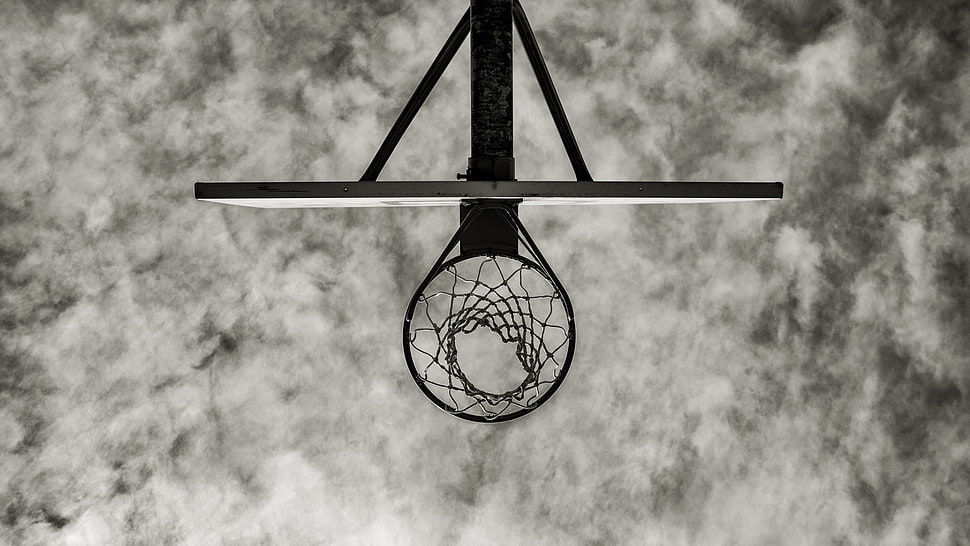 basketball hoop, worm's eye view, basketball, nets, clouds HD wallpaper