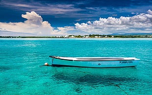 white jon boat, Mauritius, boat, island, clouds