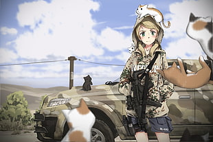 anime character female in digital camouflage hoodie holding rifle