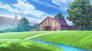 brown wooden barn illustration, clouds, grass, Kono Subarashii Sekai ni Shukufuku wo!