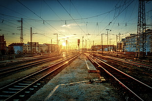 landscape photo of train station rail, rails HD wallpaper