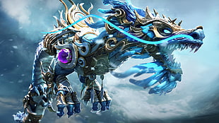gold and blue dragon character wallpaper, artwork, fantasy art, dragon,  World of Warcraft