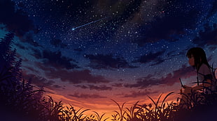 night sky with shooting star on display anime digital wallpaper