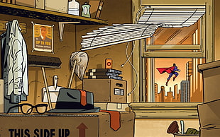 Superman flying in front of open window comic strip