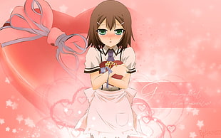 female in white uniform and pink apron anime