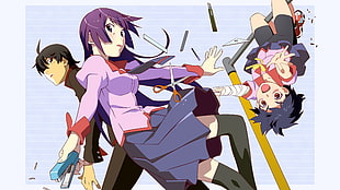 three anime character, anime, Monogatari Series, Kanbaru Suruga, Araragi Koyomi HD wallpaper