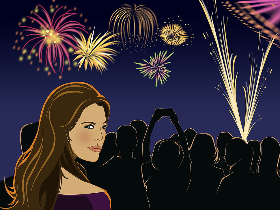 woman under the fireworks illustration HD wallpaper