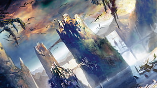 cliff and bird painting, fantasy city, fantasy art HD wallpaper