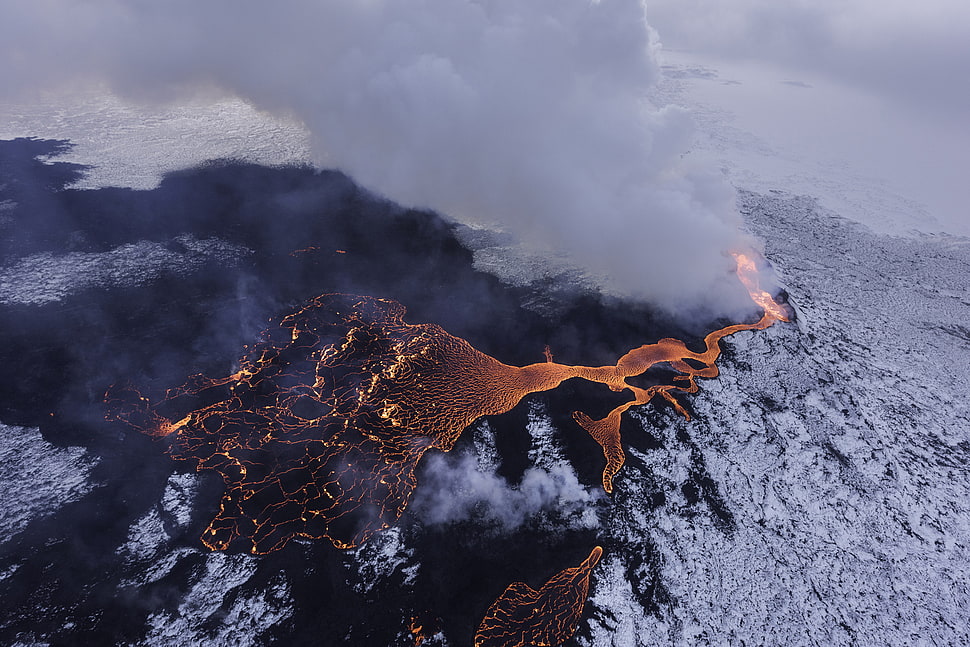 aerial photography of mountain with lava, Lurie Belegurschi, Iceland, lava, snow HD wallpaper