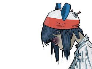 person wearing cap looking down and closing eyes illustration, Gorillaz, Jamie Hewlett, Noodle