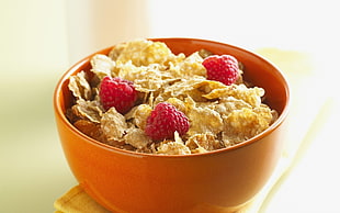 flakes with raspberries serving on ceramic bowl