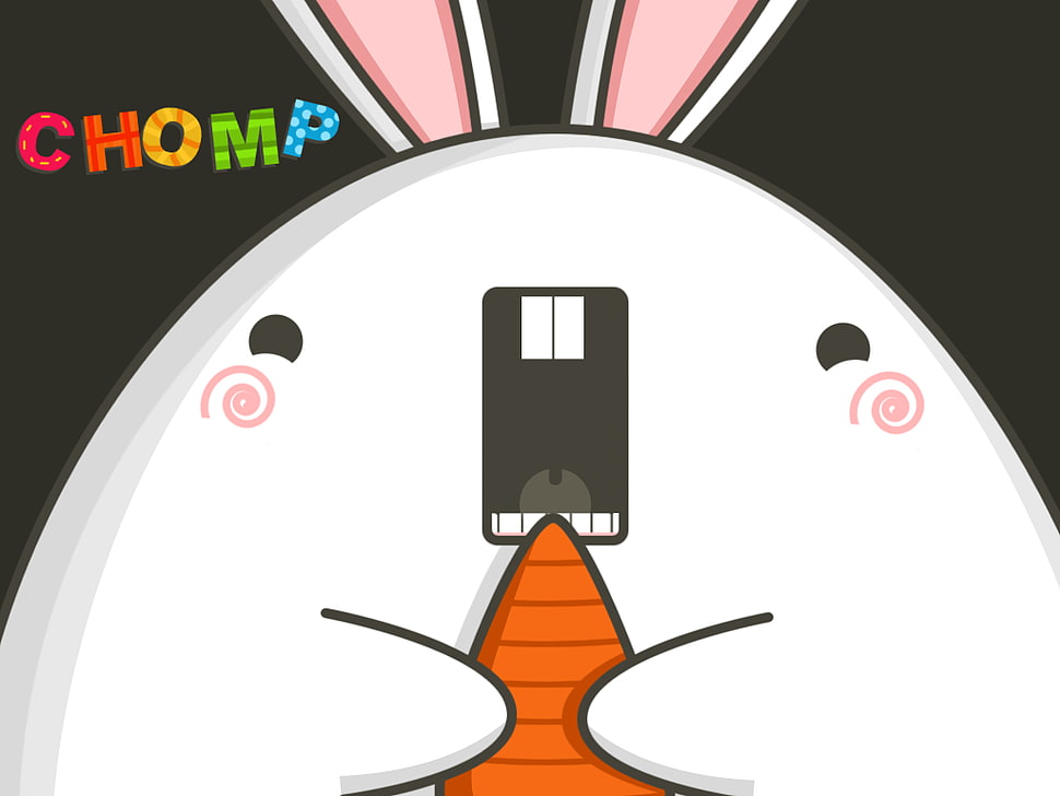 white rabbit chomp text overlay, colorful, cartoon, carrots, food HD wallpaper