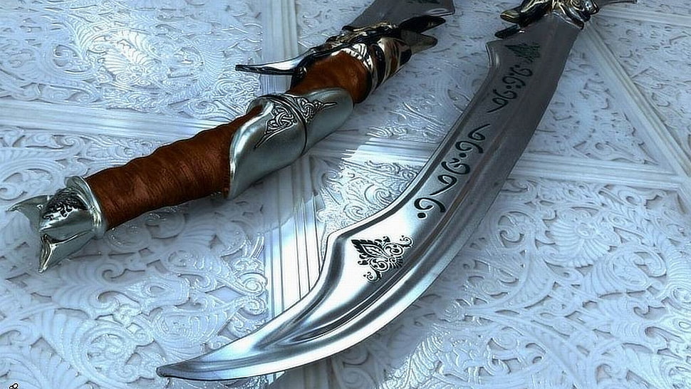 two brown-and-silver scimitars, sword HD wallpaper
