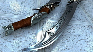 two brown-and-silver scimitars, sword