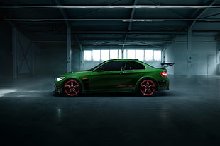 green and red sports coupe inside room HD wallpaper