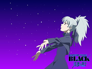 gray hair anime character gazing at purple sky illustration