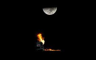 red fire, night, abstract, Moon, fire