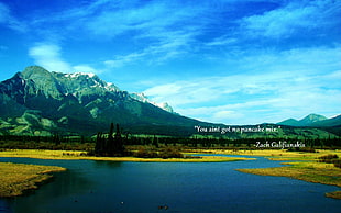 black mountain, river, text HD wallpaper