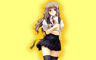 woman in black and white mini dress anime character digital wallpaper