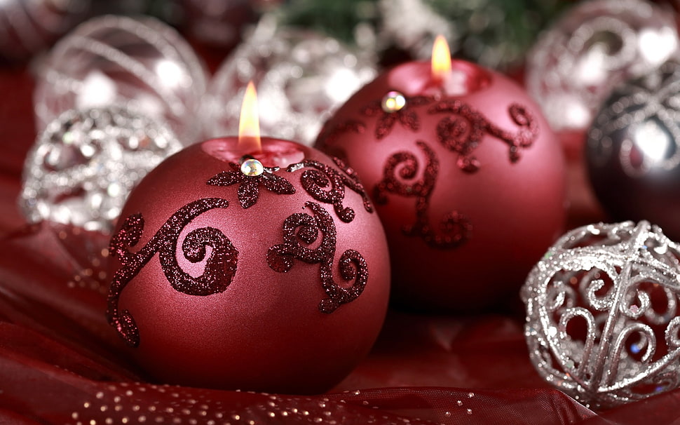two red and white floral pendants, Christmas, New Year, Christmas ornaments , candles HD wallpaper