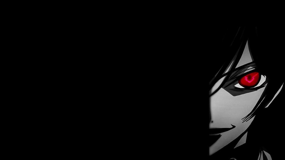 red-eyed anime character on black background HD wallpaper