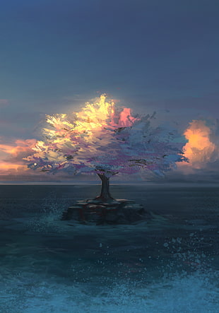 blue and white tree painting, artwork, sea, clouds, sakura (tree)