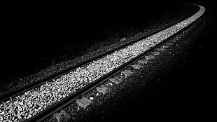 train track, monochrome, railway, stones, night HD wallpaper