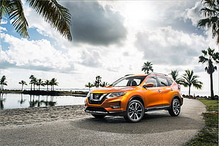 orange sport utility vehicle near body of water surrounded palm trees
