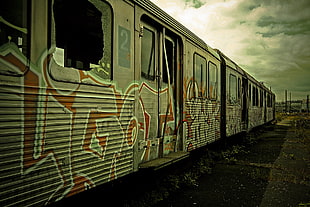 train covered in graffiti during day HD wallpaper