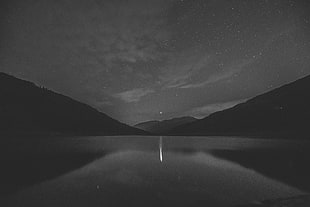 silhouette of mountain, nature, water, moonlight, monochrome