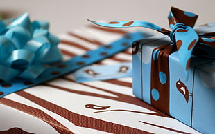 blue polka dotted ribbon on box
