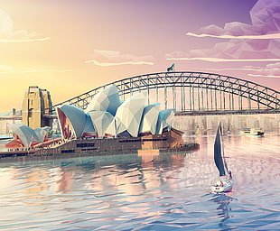white sailboat on body of water near cast-iron bridge painting, digital art, low poly, Mateusz Szulik, clouds HD wallpaper